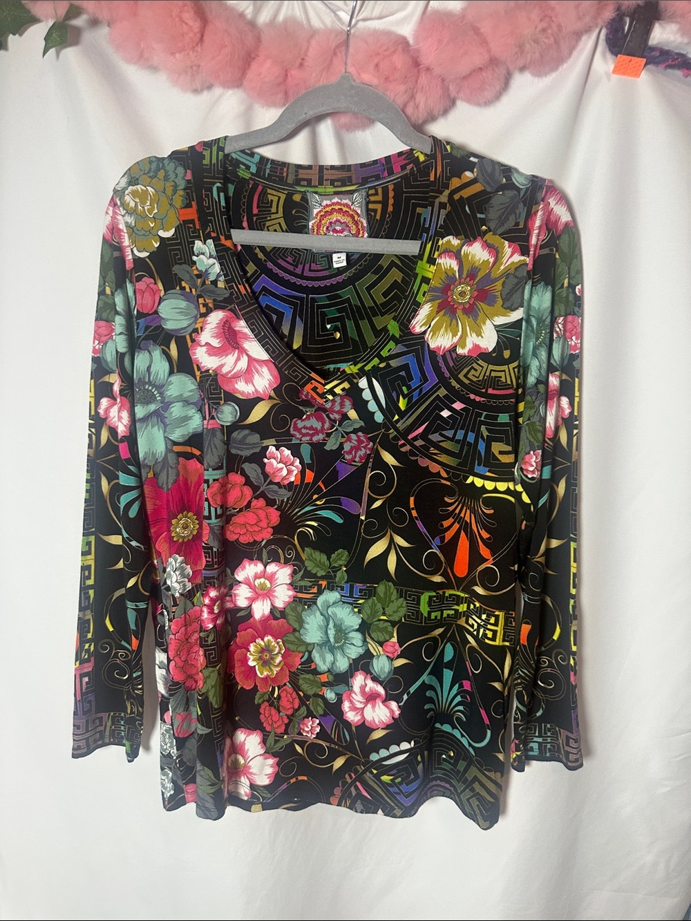 Johnny Was Black Multi Floral Long Sleeve V-Neck Top